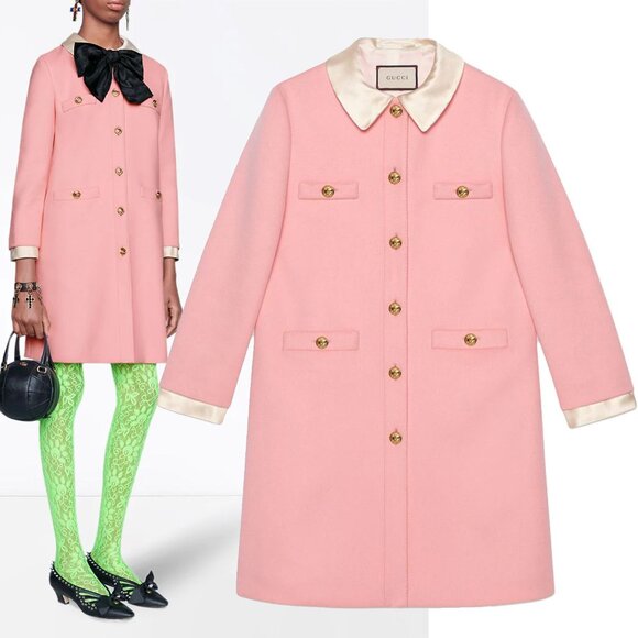GUCCI COAT PINK ROSE WOOL REMOVABLE BOW CUFFS COLLAR JACKET sz IT 44 US 8 - Picture 1 of 16